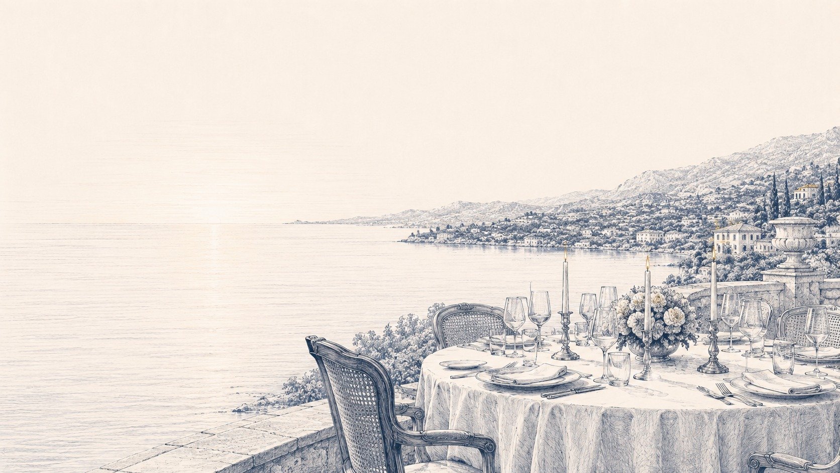 Illustration of a villa terrace table dressed for dinner with the Mediterranean coast at sunset.