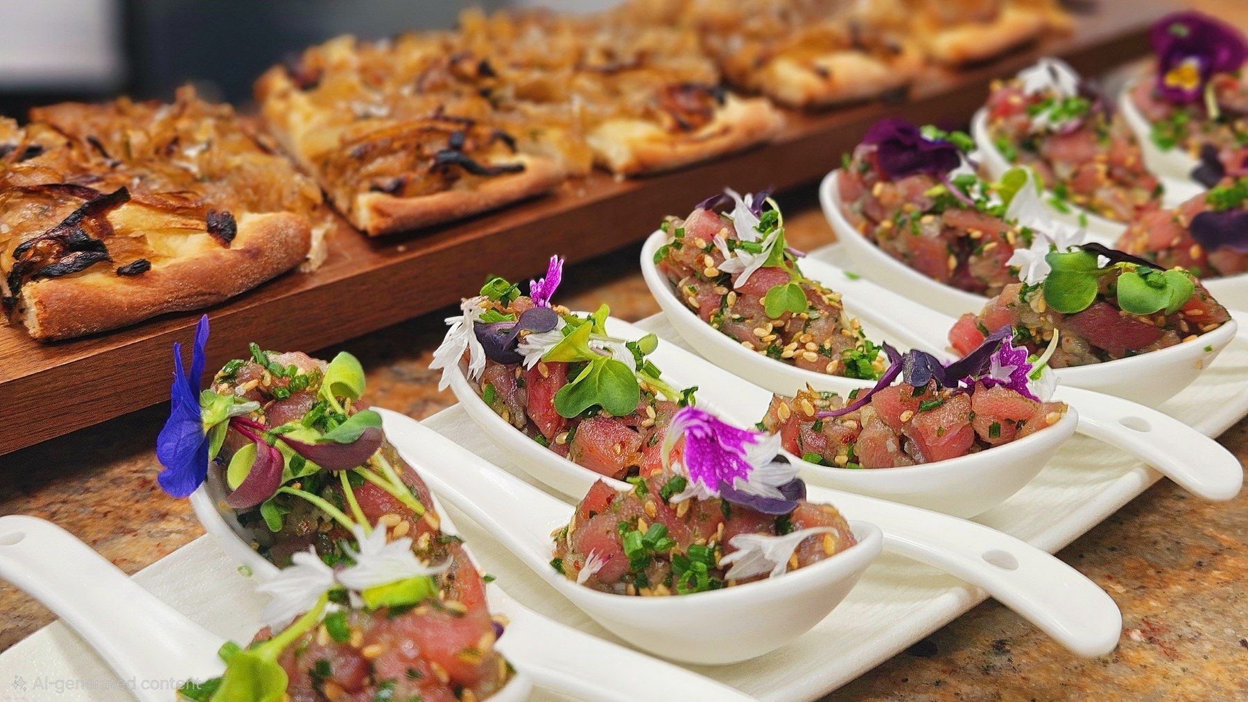 Cuillères de tartare fleuries pour l’apéritif.