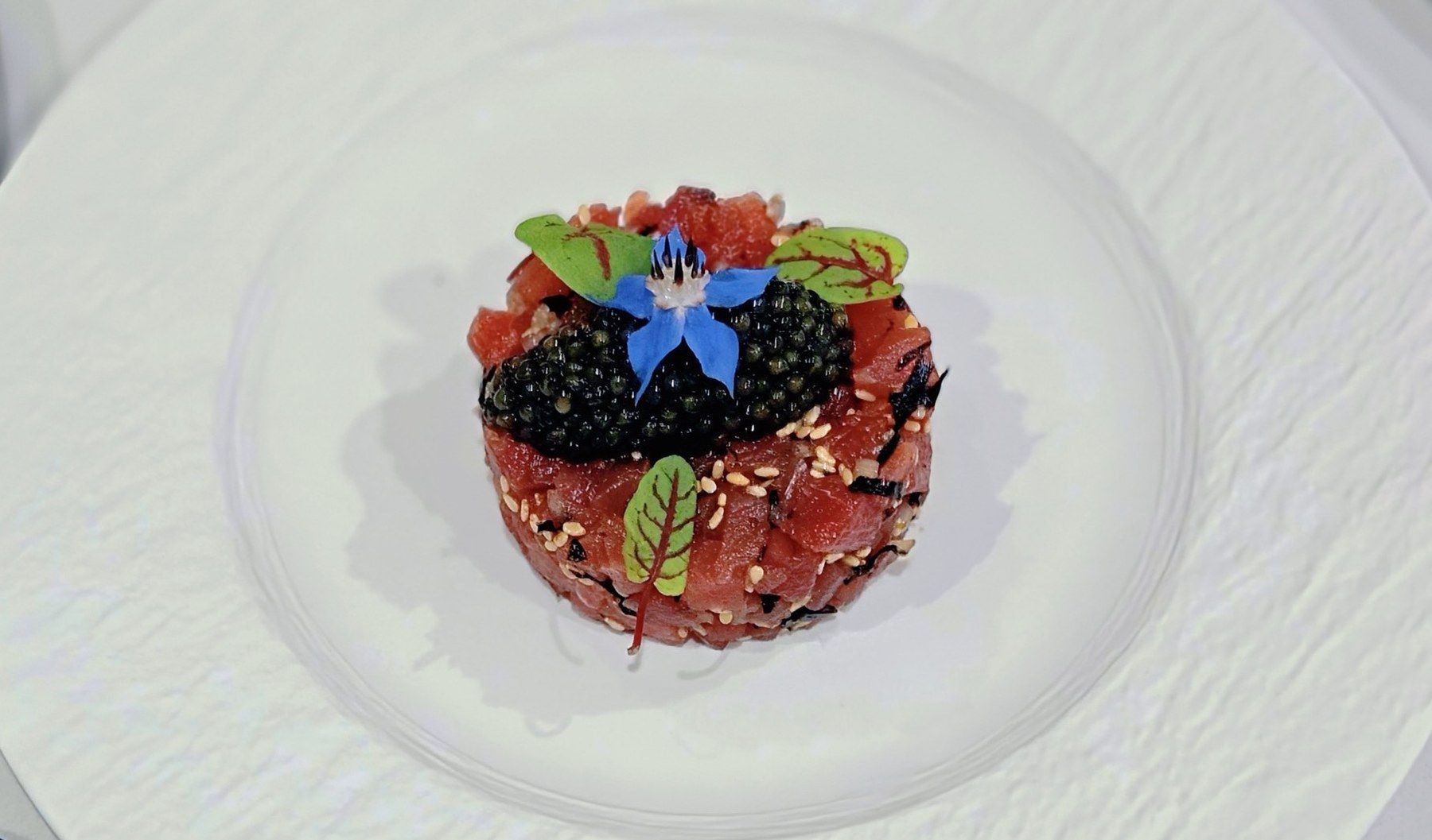 Tartare en tour, baies et fleur de bourrache.