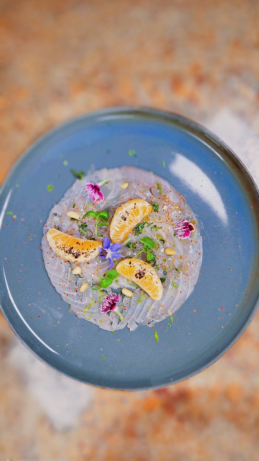 Fish carpaccio plated with mandarin segments, pine nuts and edible flowers, overhead view.
