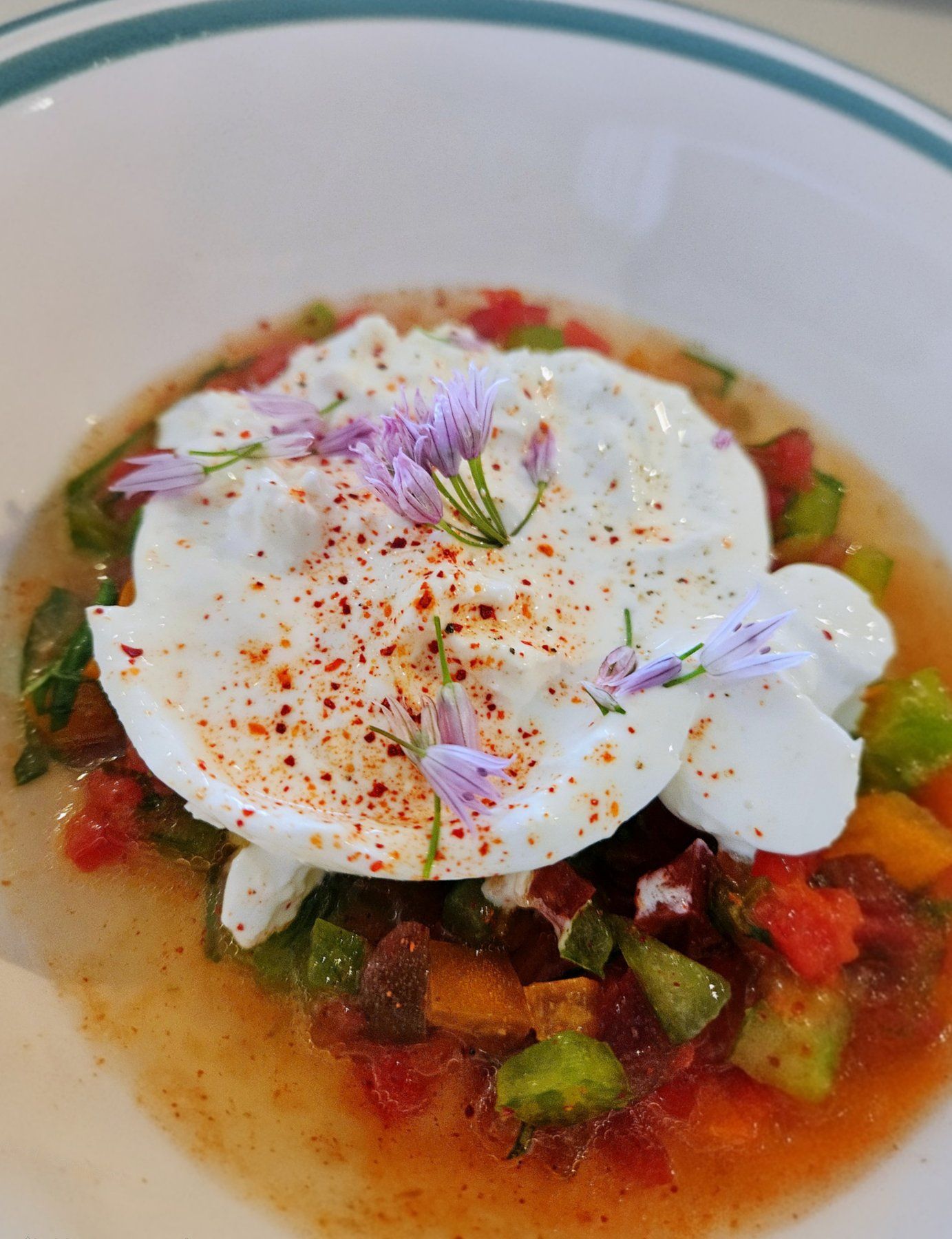 Burrata on a bed of crushed tomatoes and diced vegetables, finished with chive flowers and paprika.